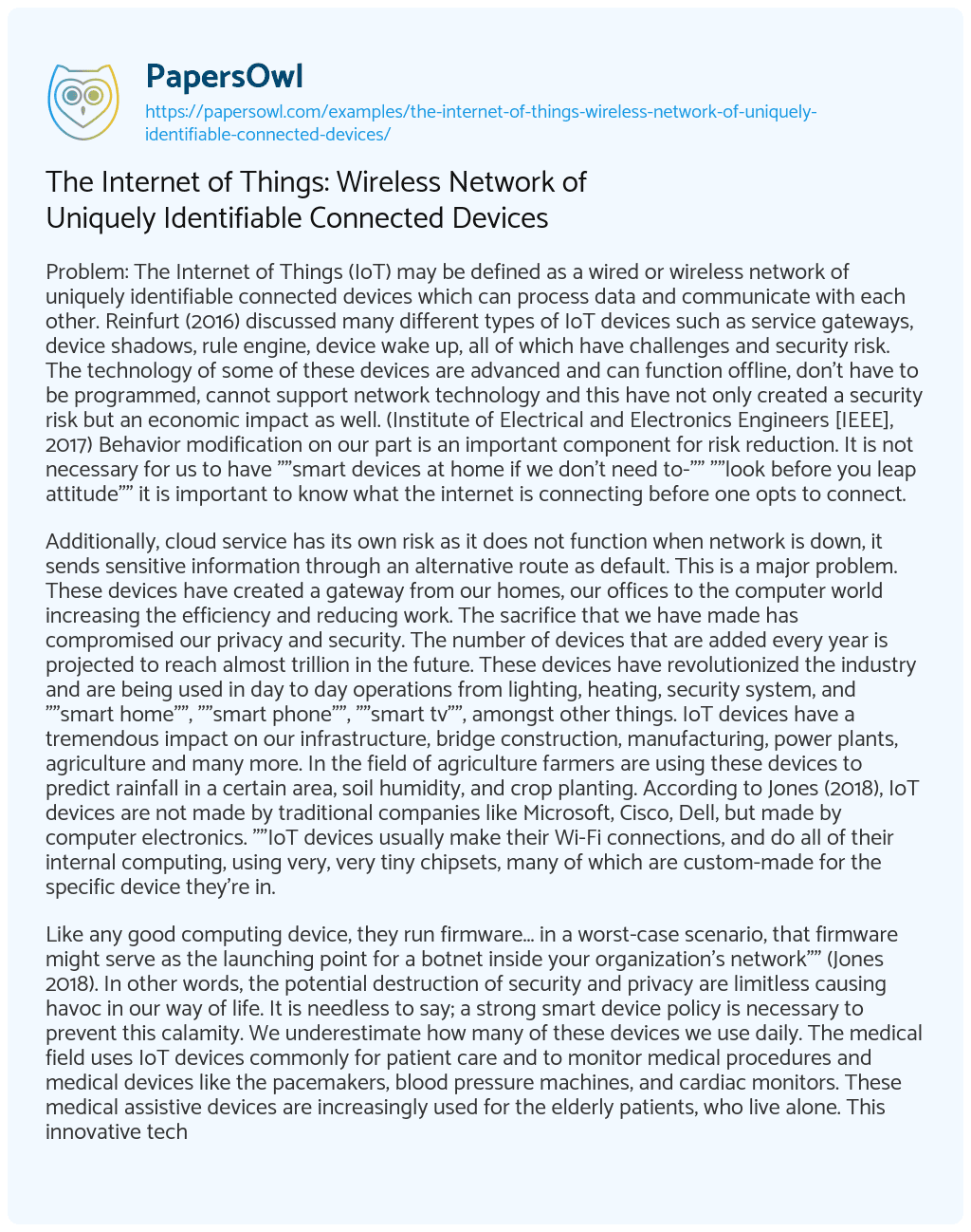 Essay on The Internet of Things: Wireless Network of Uniquely Identifiable Connected Devices