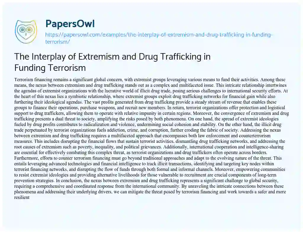 Essay on The Interplay of Extremism and Drug Trafficking in Funding Terrorism