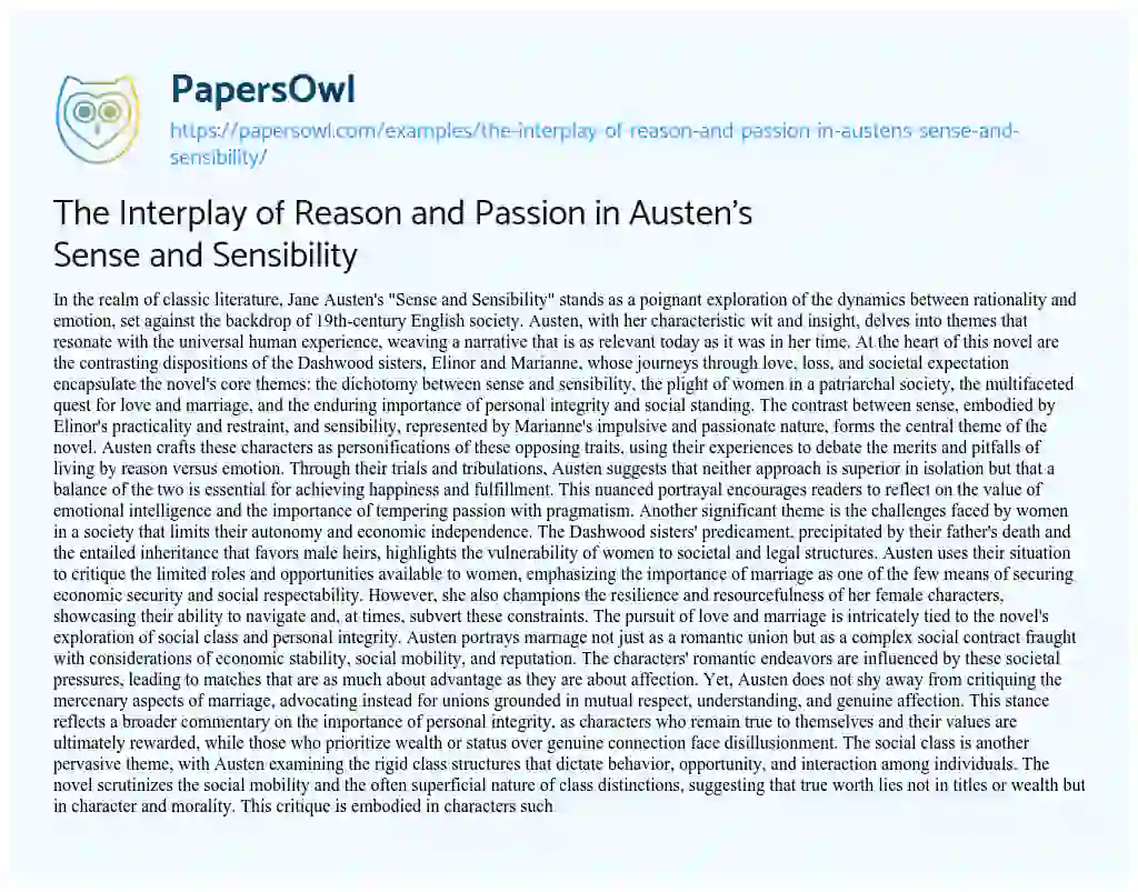 Essay on The Interplay of Reason and Passion in Austen’s Sense and Sensibility