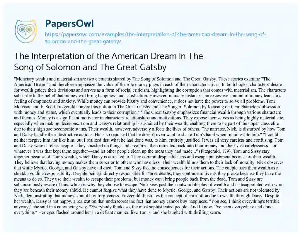 Essay on The Interpretation of the American Dream in the Song of Solomon and the Great Gatsby