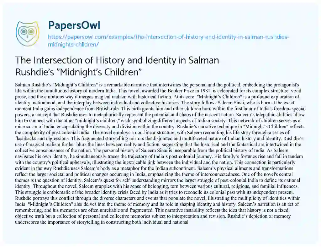 Essay on The Intersection of History and Identity in Salman Rushdie’s “Midnight’s Children”