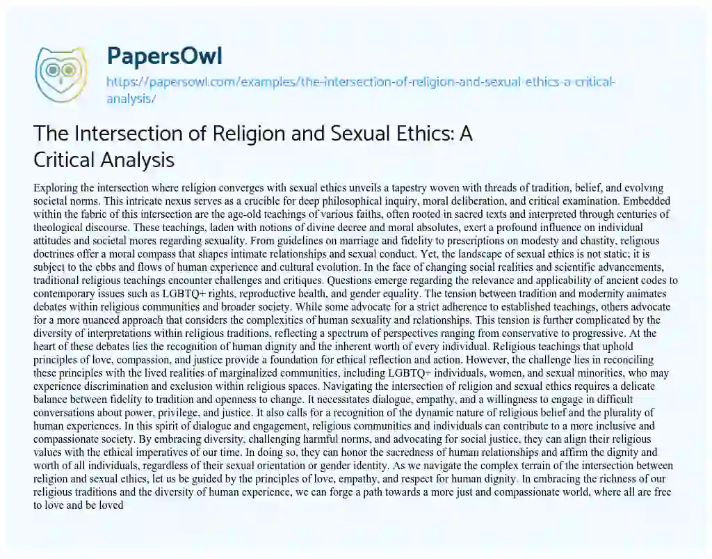 Essay on The Intersection of Religion and Sexual Ethics: a Critical Analysis