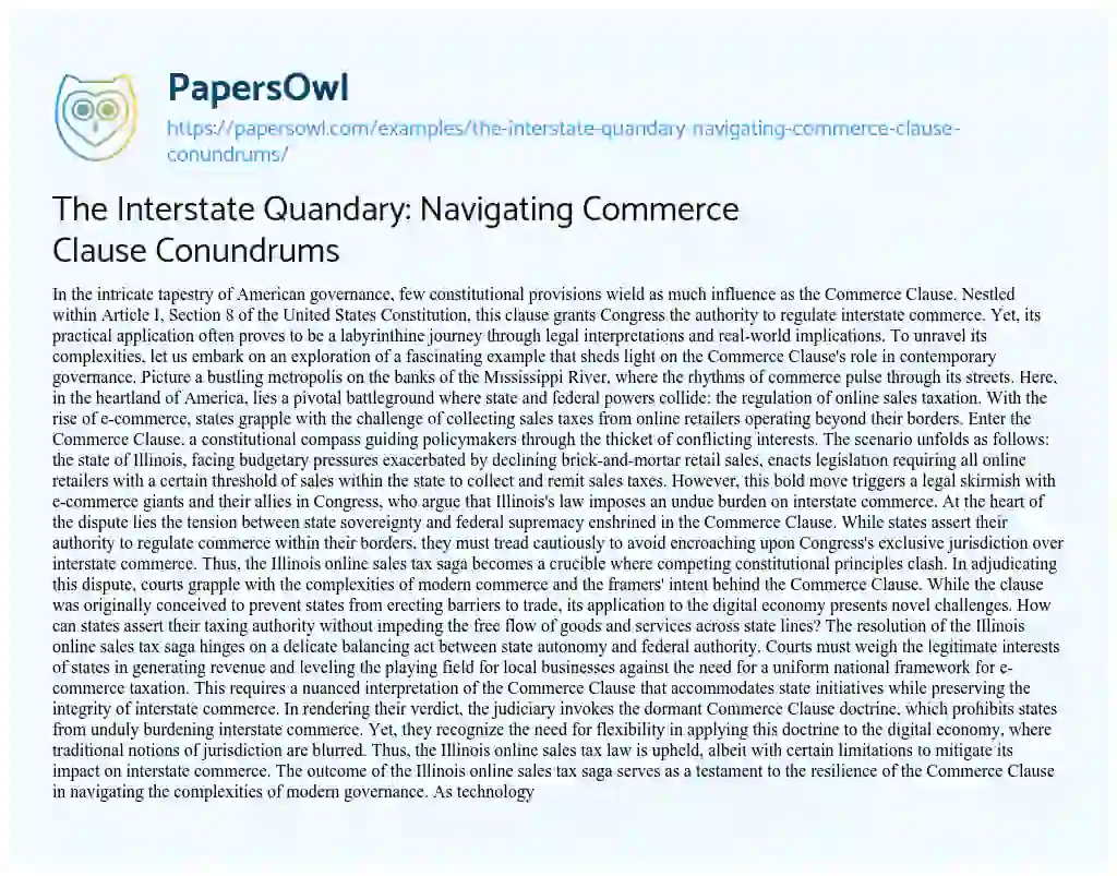 Essay on The Interstate Quandary: Navigating Commerce Clause Conundrums