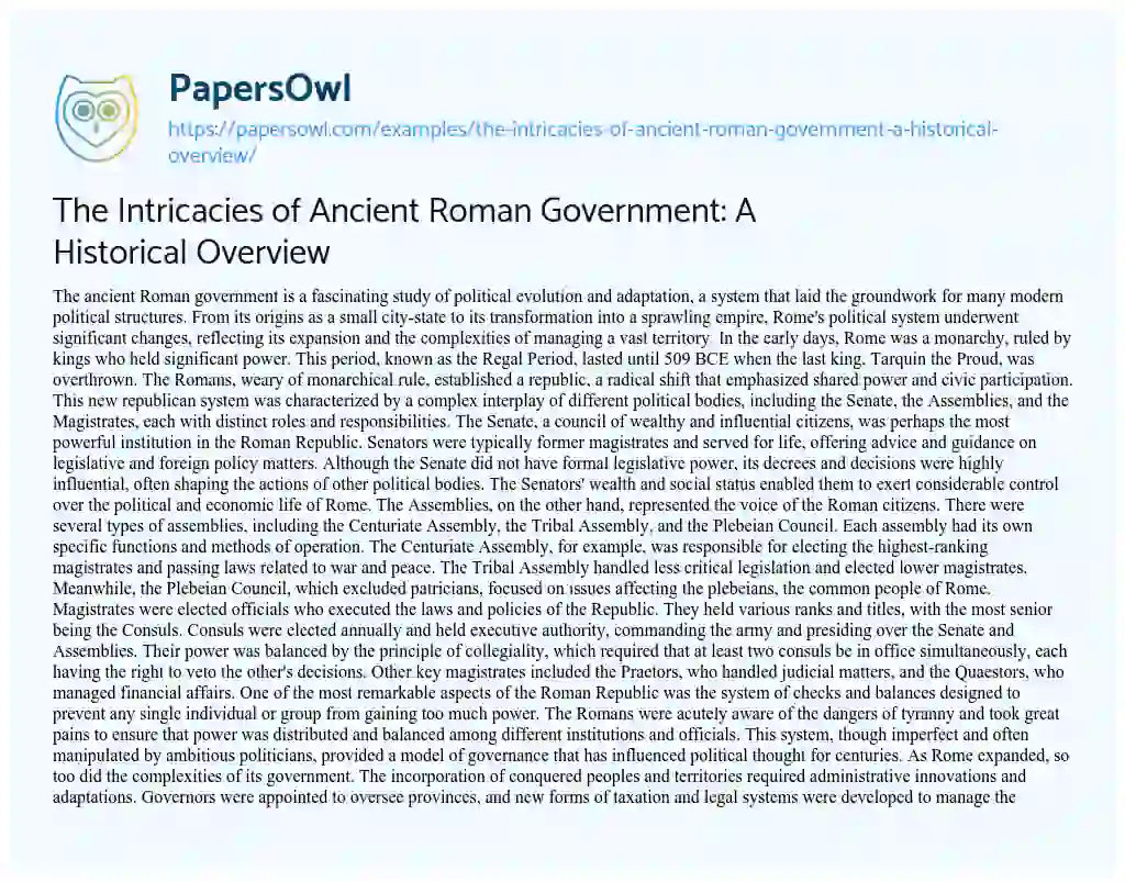 Essay on The Intricacies of Ancient Roman Government: a Historical Overview