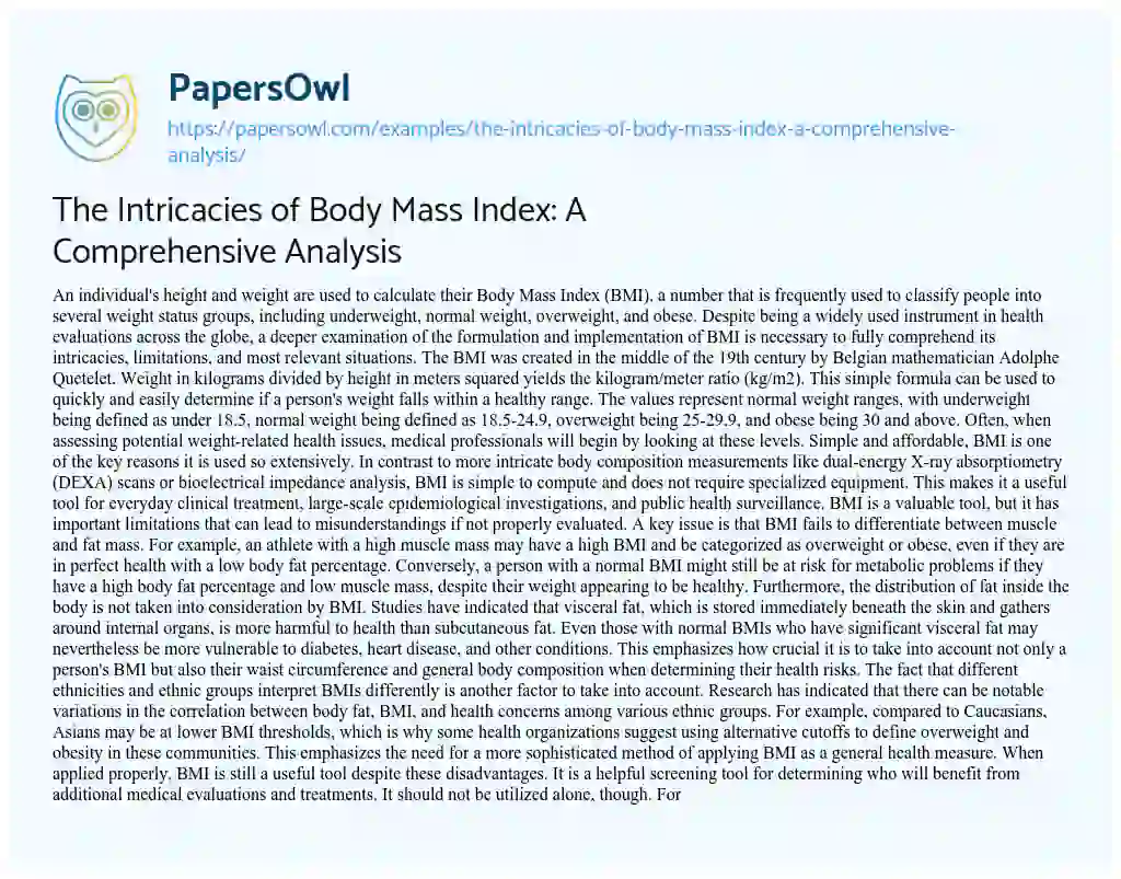 Essay on The Intricacies of Body Mass Index: a Comprehensive Analysis