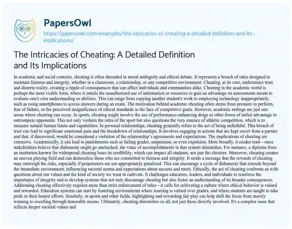Essay on The Intricacies of Cheating: a Detailed Definition and its Implications