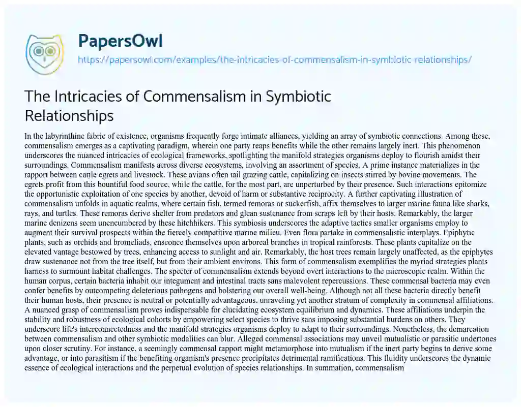 Essay on The Intricacies of Commensalism in Symbiotic Relationships