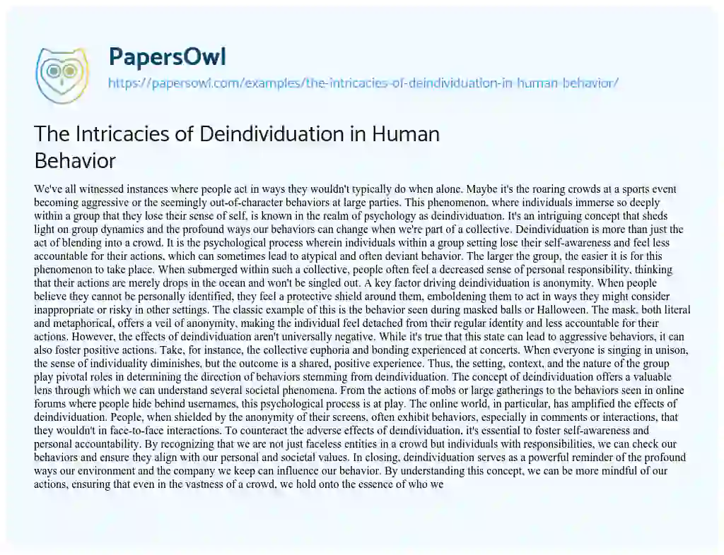 Essay on The Intricacies of Deindividuation in Human Behavior