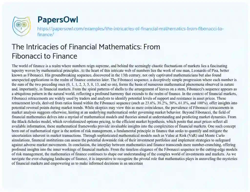 Essay on The Intricacies of Financial Mathematics: from Fibonacci to Finance