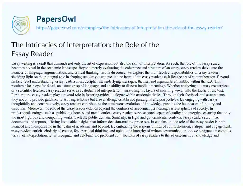 Essay on The Intricacies of Interpretation: the Role of the Essay Reader