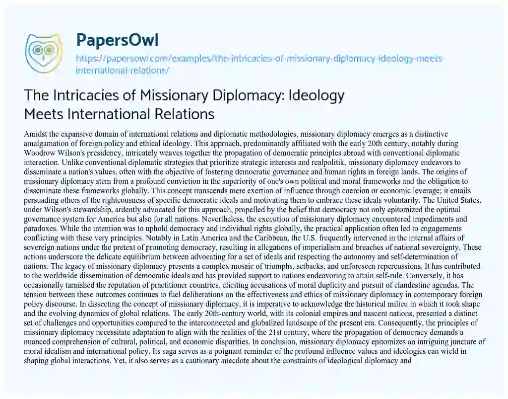 Essay on The Intricacies of Missionary Diplomacy: Ideology Meets International Relations