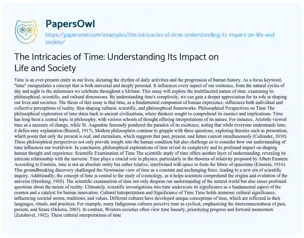 Essay on The Intricacies of Time: Understanding Its Impact on Life and Society