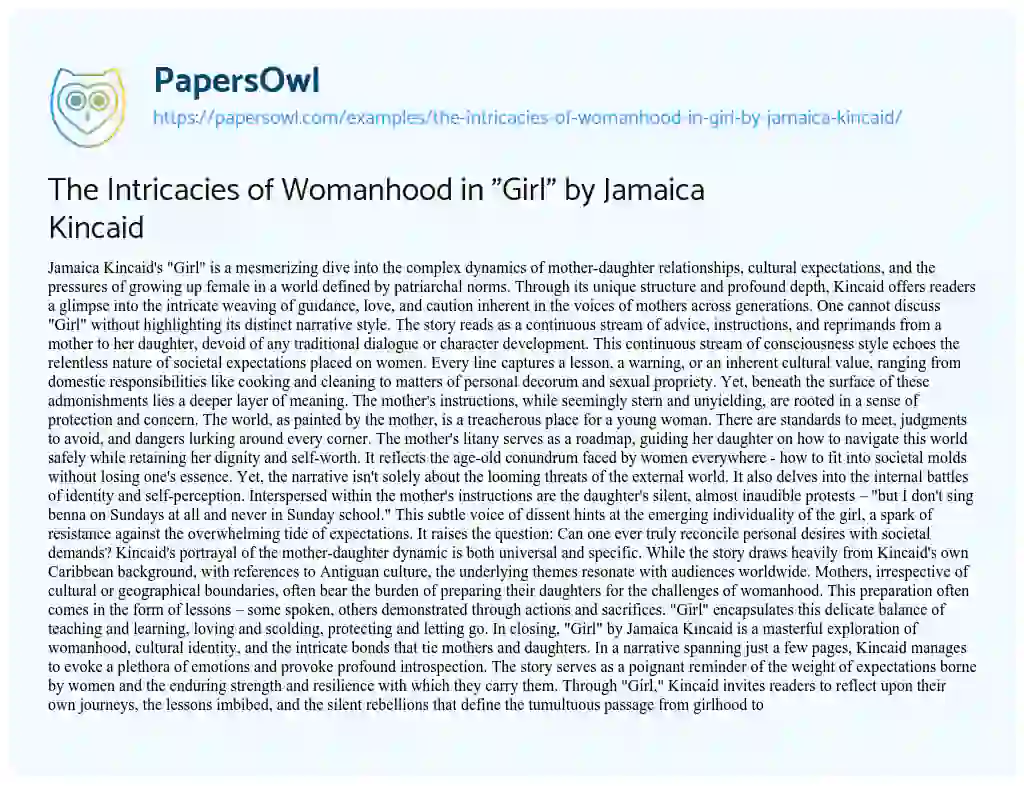 Essay on The Intricacies of Womanhood in “Girl” by Jamaica Kincaid