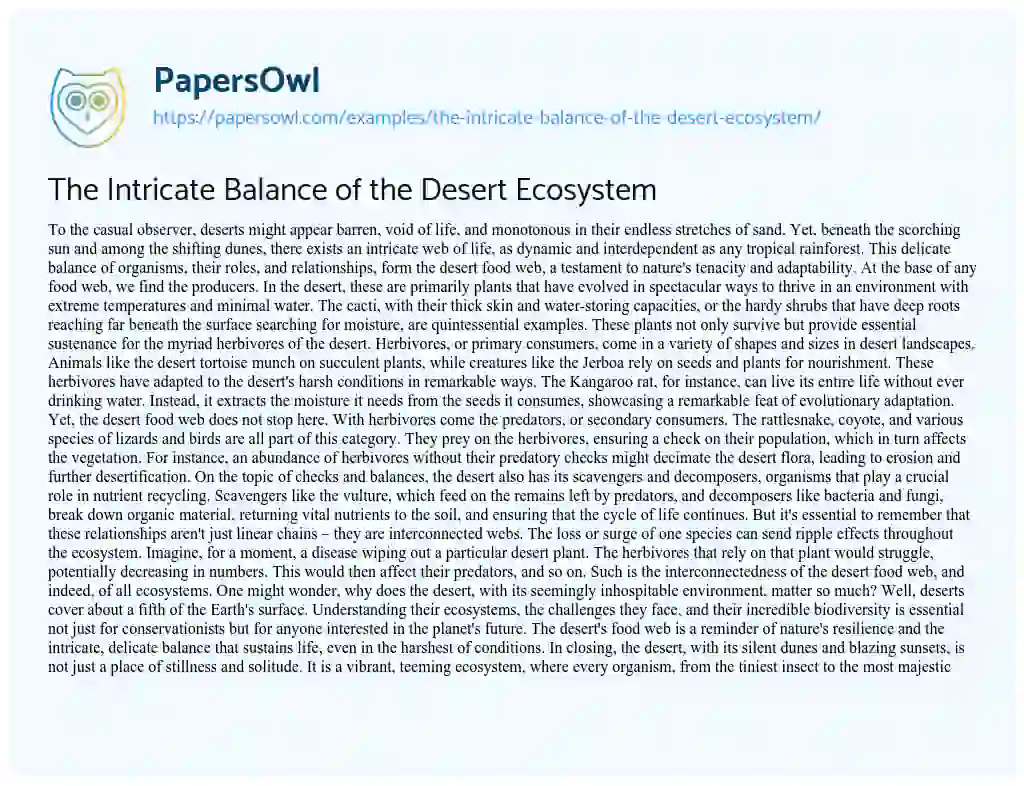Essay on The Intricate Balance of the Desert Ecosystem