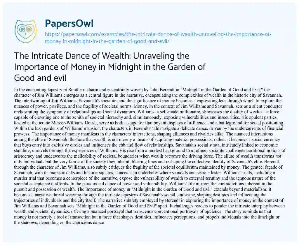 Essay on The Intricate Dance of Wealth: Unraveling the Importance of Money in Midnight in the Garden of Good and Evil