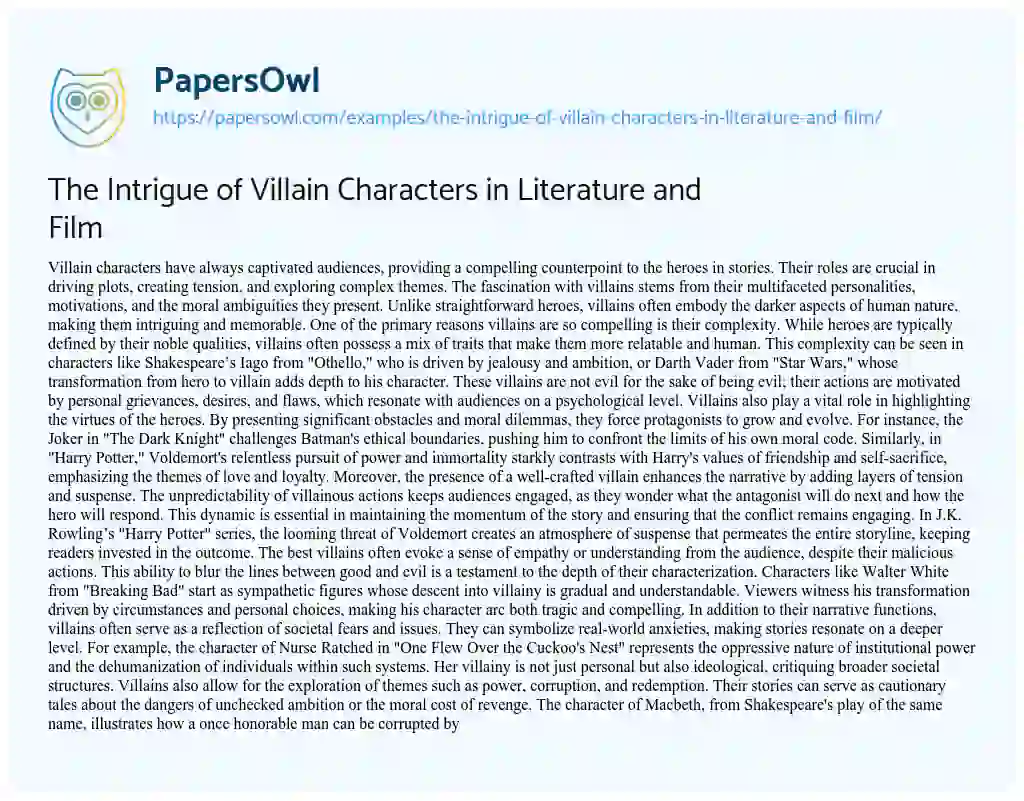 Essay on The Intrigue of Villain Characters in Literature and Film