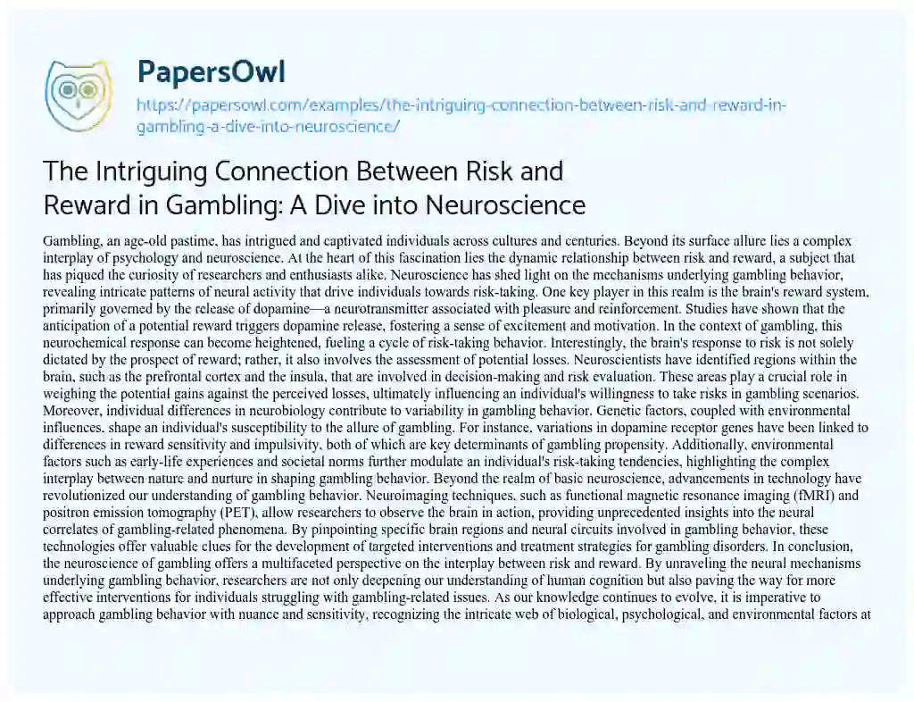 Essay on The Intriguing Connection between Risk and Reward in Gambling: a Dive into Neuroscience