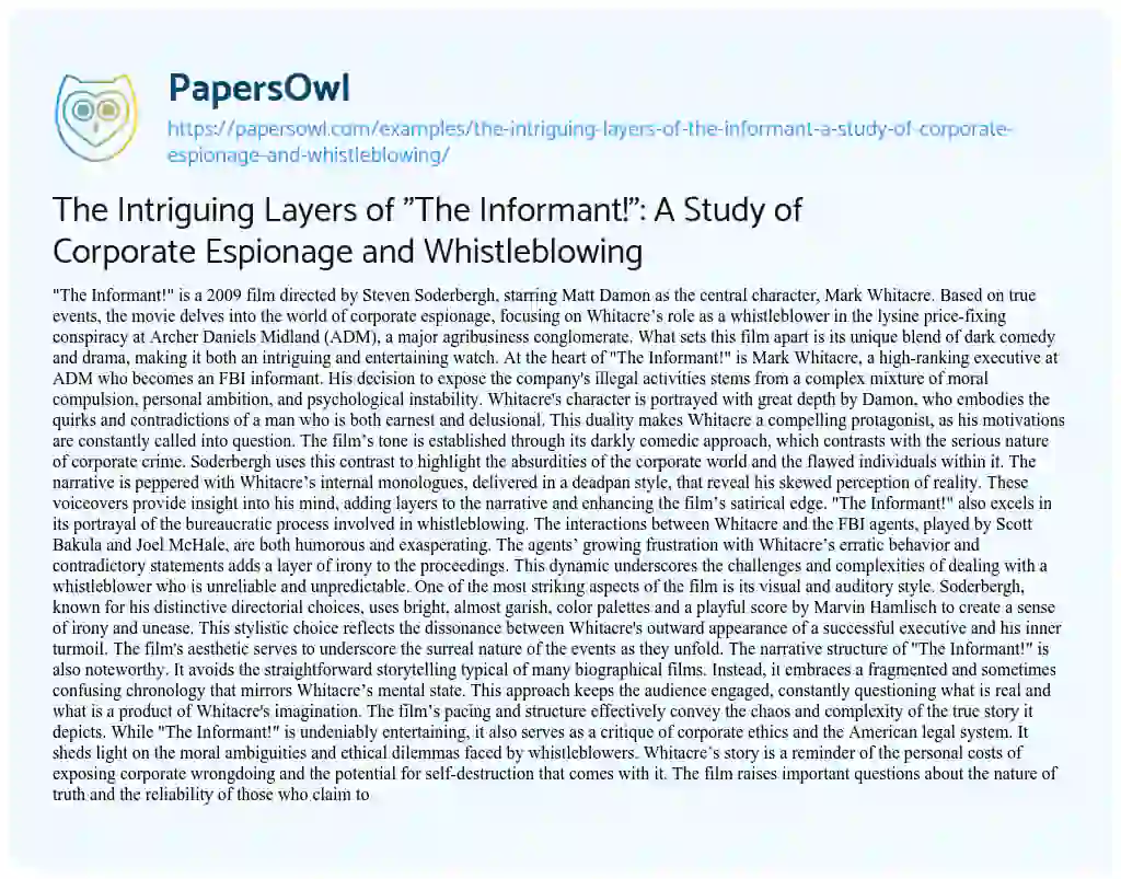 Essay on The Intriguing Layers of “The Informant!”: a Study of Corporate Espionage and Whistleblowing