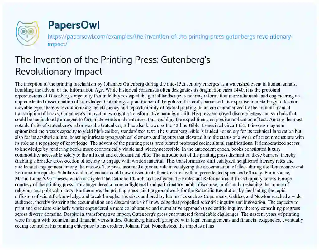 Essay on The Invention of the Printing Press: Gutenberg’s Revolutionary Impact