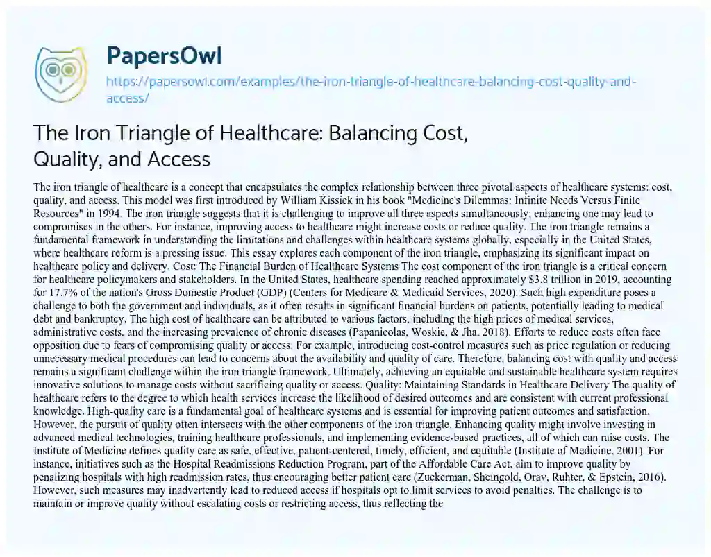 Essay on The Iron Triangle of Healthcare: Balancing Cost, Quality, and Access