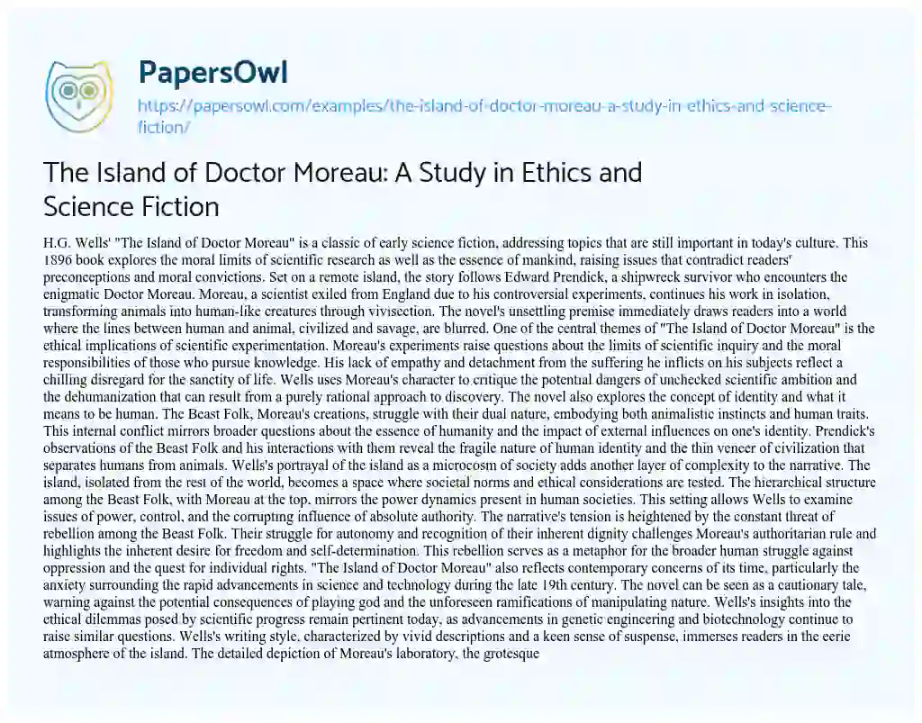 Essay on The Island of Doctor Moreau: a Study in Ethics and Science Fiction