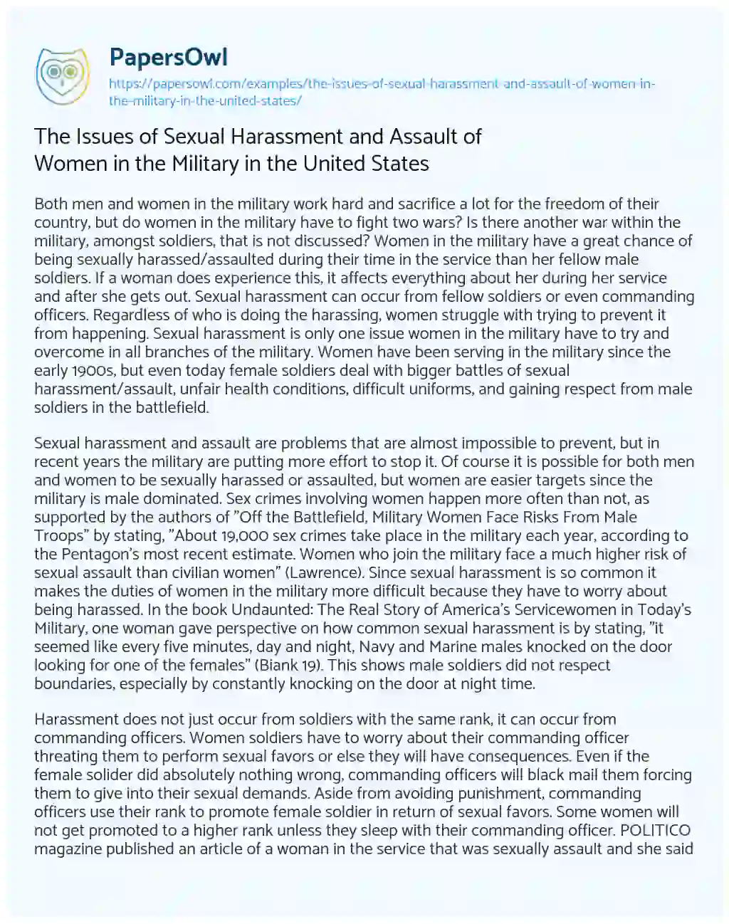 Essay on The Issues of Sexual Harassment and Assault of Women in the Military in the United States