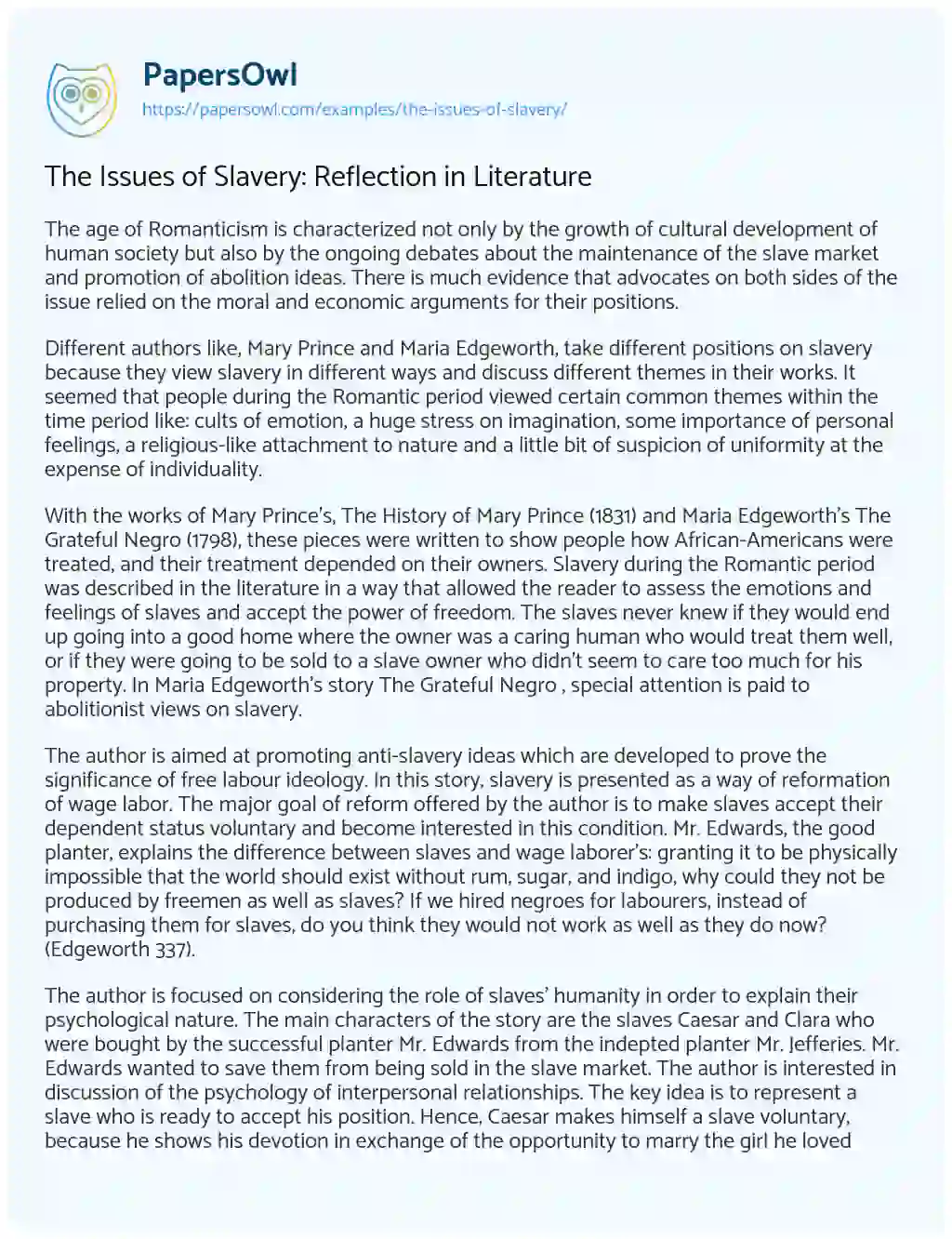 Essay on The Issues of Slavery: Reflection in Literature