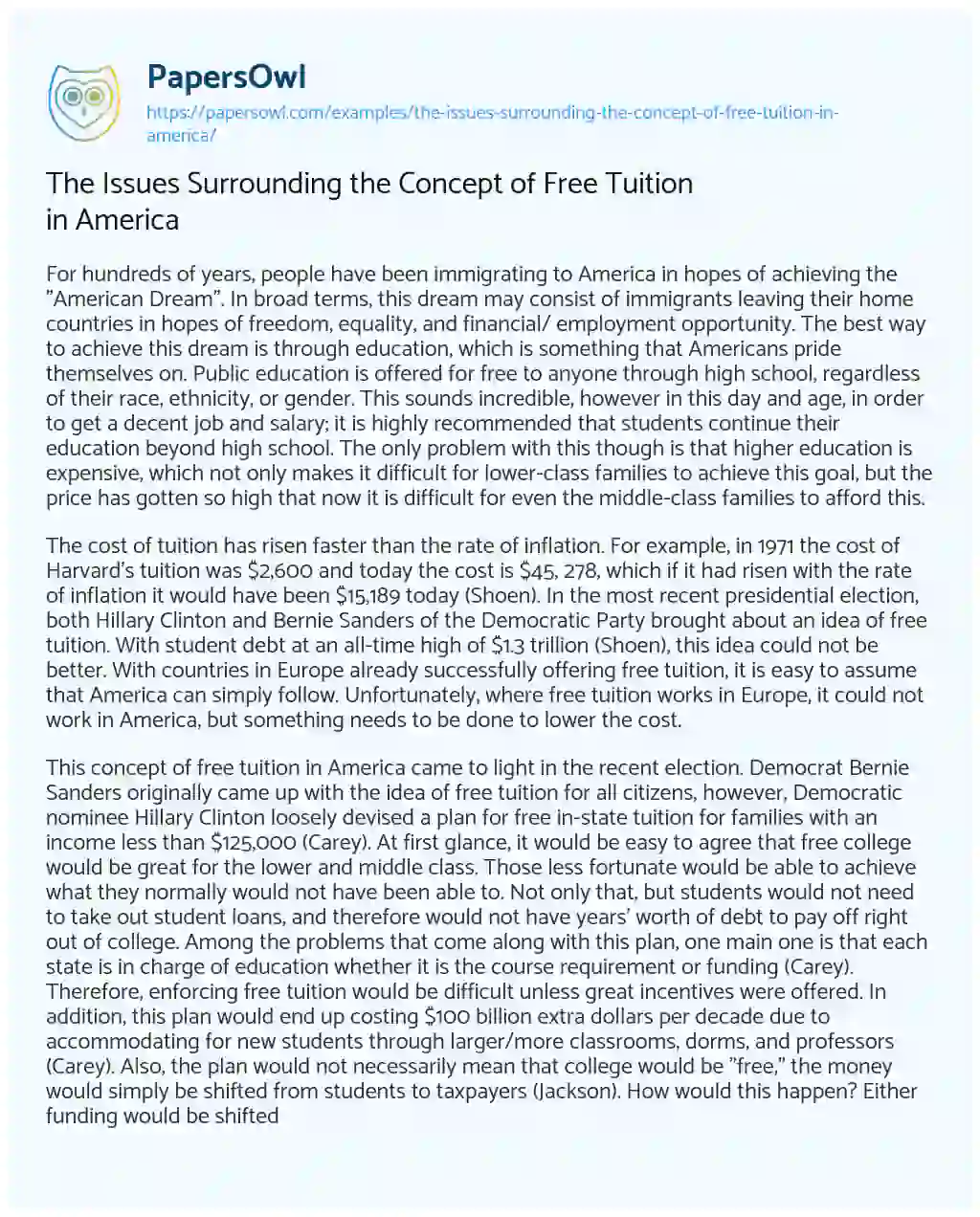 Essay on The Issues Surrounding the Concept of Free Tuition in America