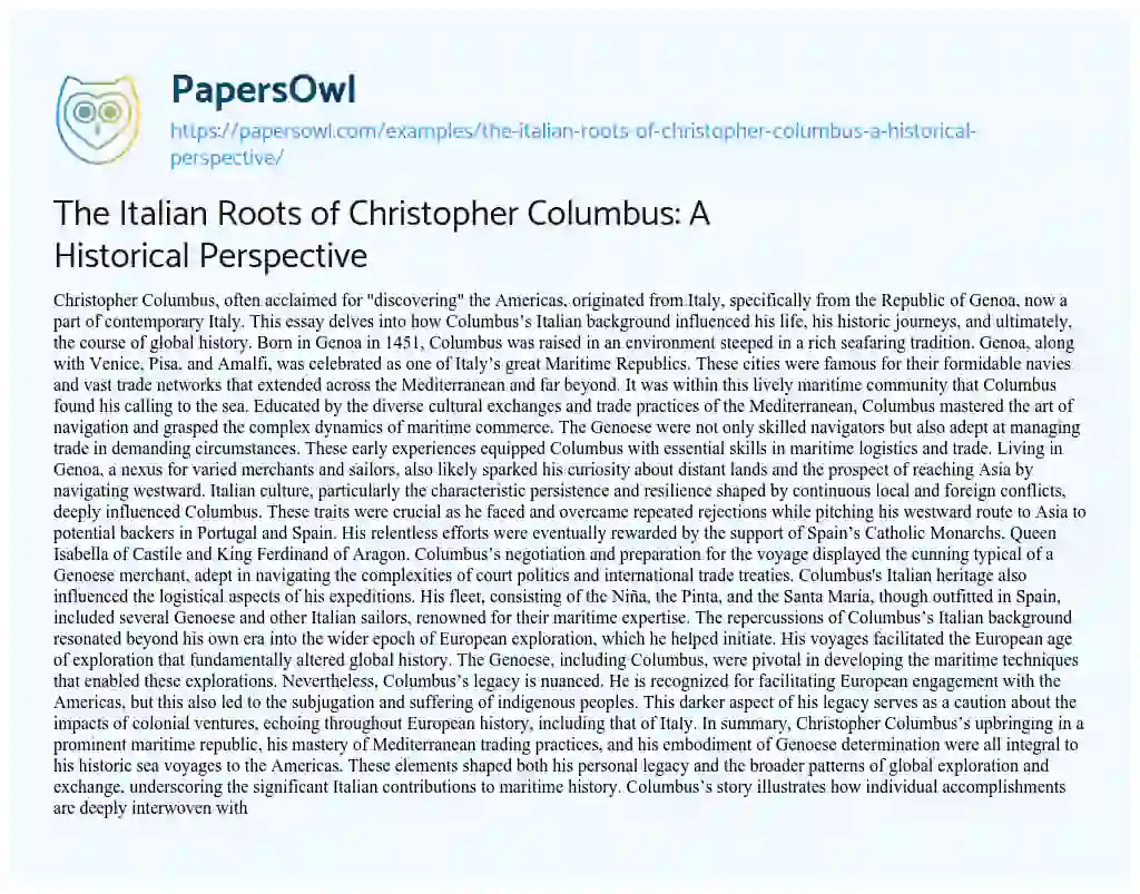 Essay on The Italian Roots of Christopher Columbus: A Historical Perspective