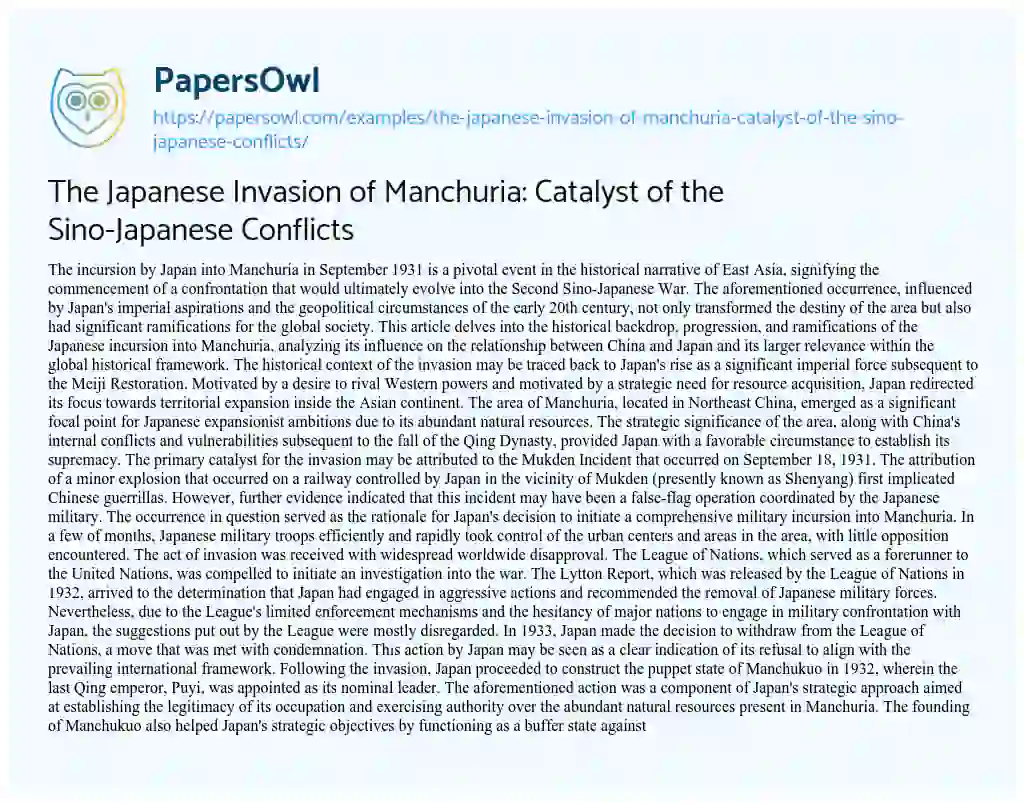 Essay on The Japanese Invasion of Manchuria: Catalyst of the Sino-Japanese Conflicts