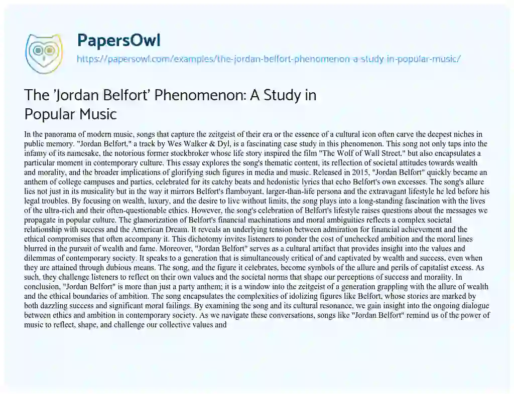 Essay on The ‘Jordan Belfort’ Phenomenon: a Study in Popular Music