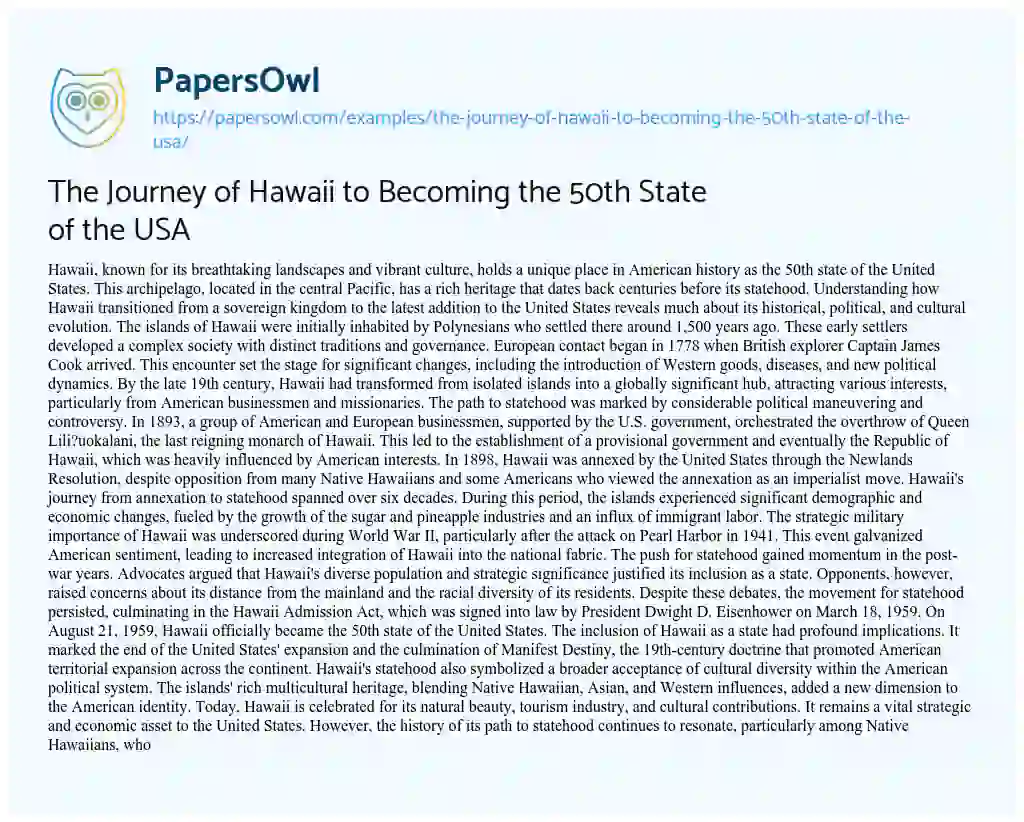 Essay on The Journey of Hawaii to Becoming the 50th State of the USA