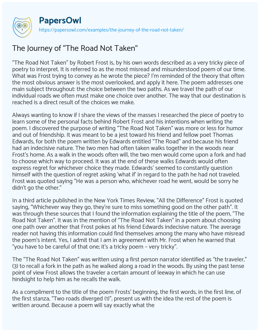 The Journey of “The Road not Taken” essay
