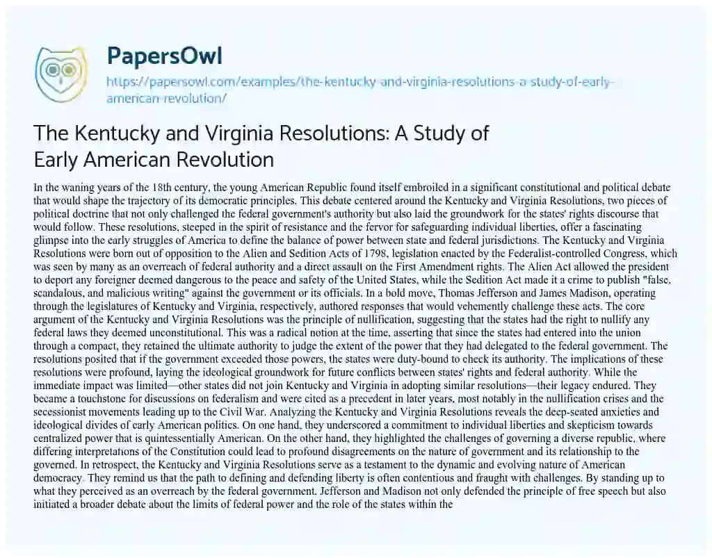 Essay on The Kentucky and Virginia Resolutions: a Study of Early American Revolution