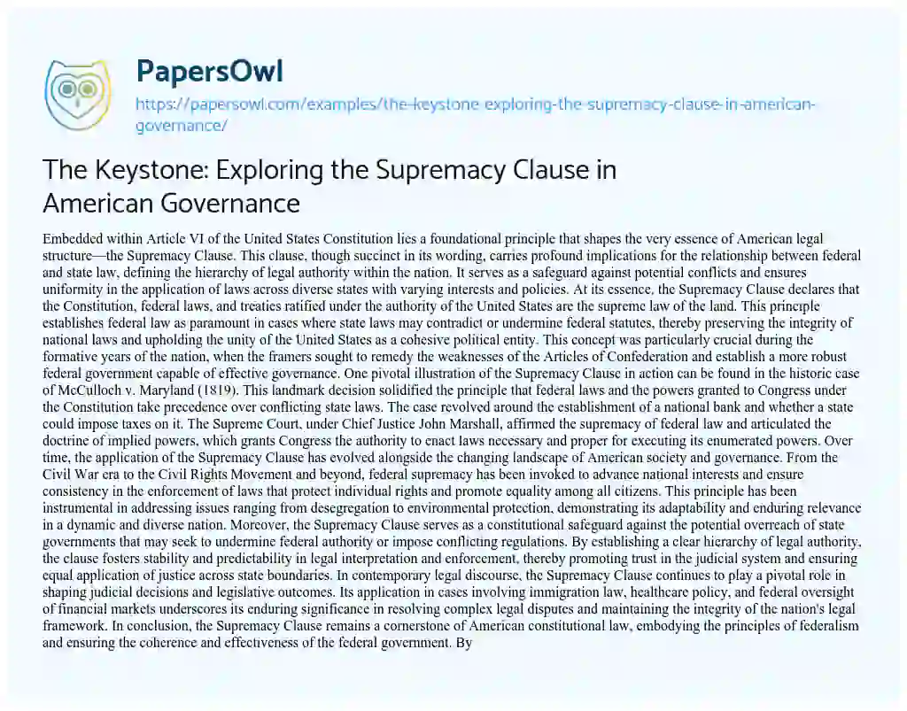 Essay on The Keystone: Exploring the Supremacy Clause in American Governance