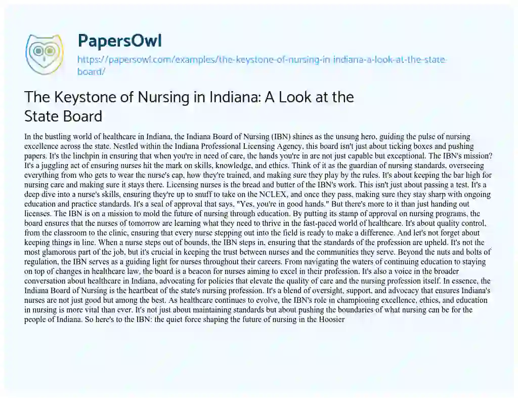 Essay on The Keystone of Nursing in Indiana: a Look at the State Board