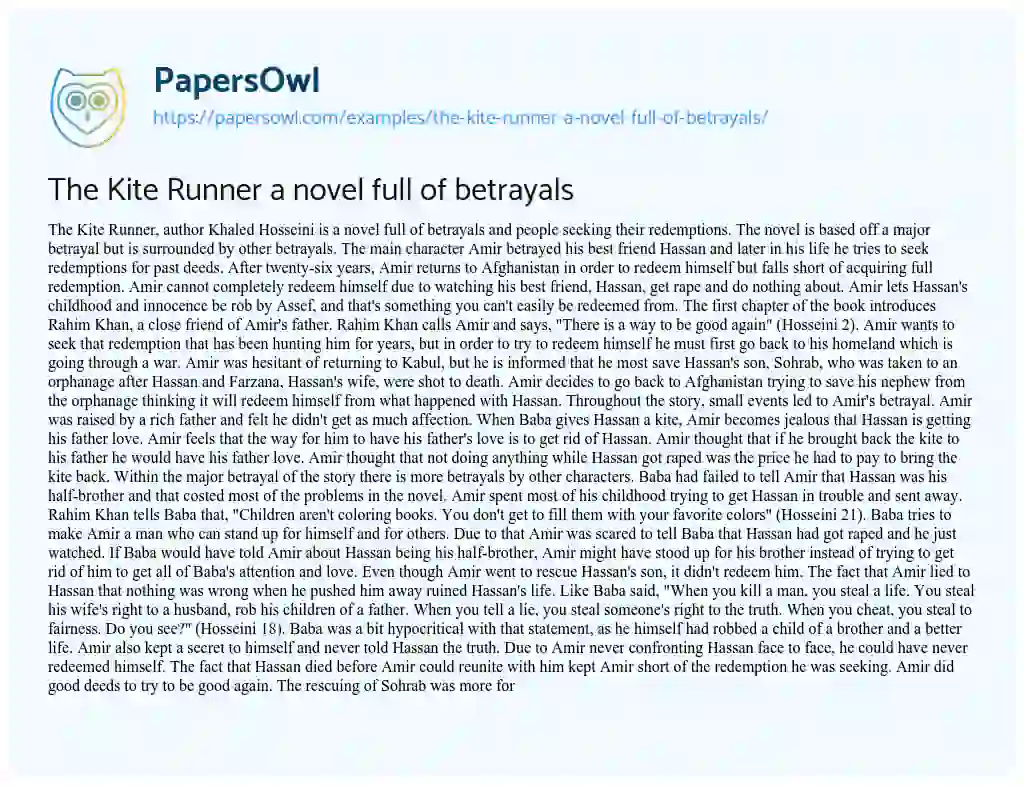 The Kite Runner a Novel Full of Betrayals essay