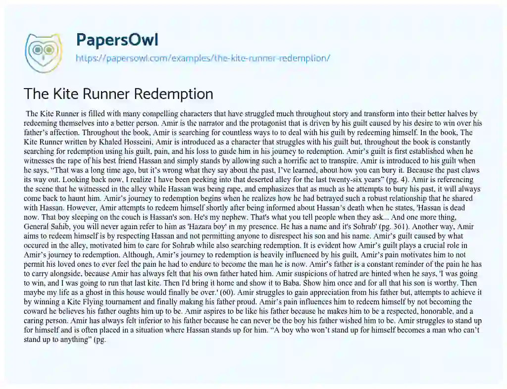 Essay on The Kite Runner Redemption