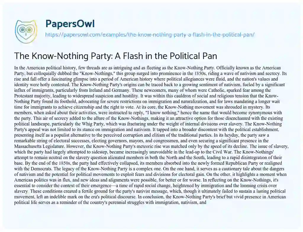 Essay on The Know-Nothing Party: a Flash in the Political Pan