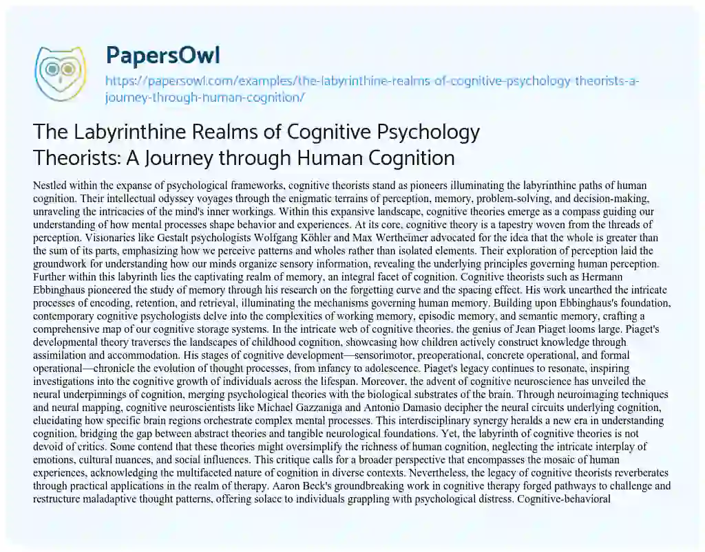 Essay on The Labyrinthine Realms of Cognitive Psychology Theorists: a Journey through Human Cognition