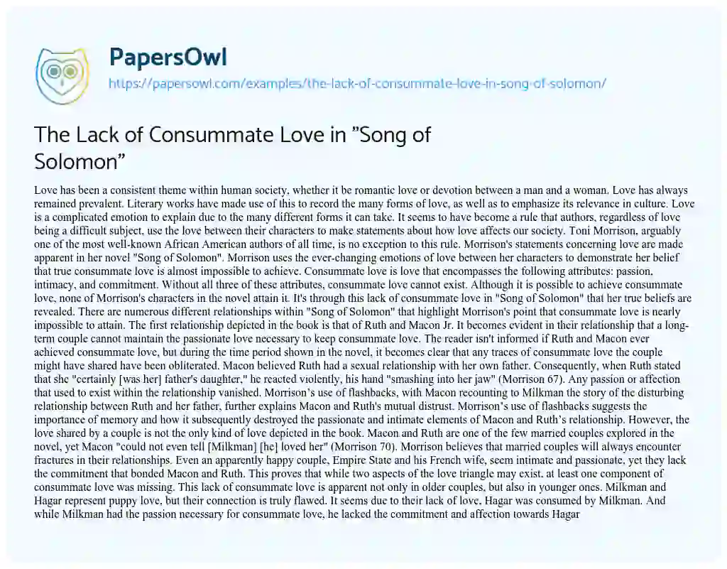 Essay on The Lack of Consummate Love in “Song of Solomon”