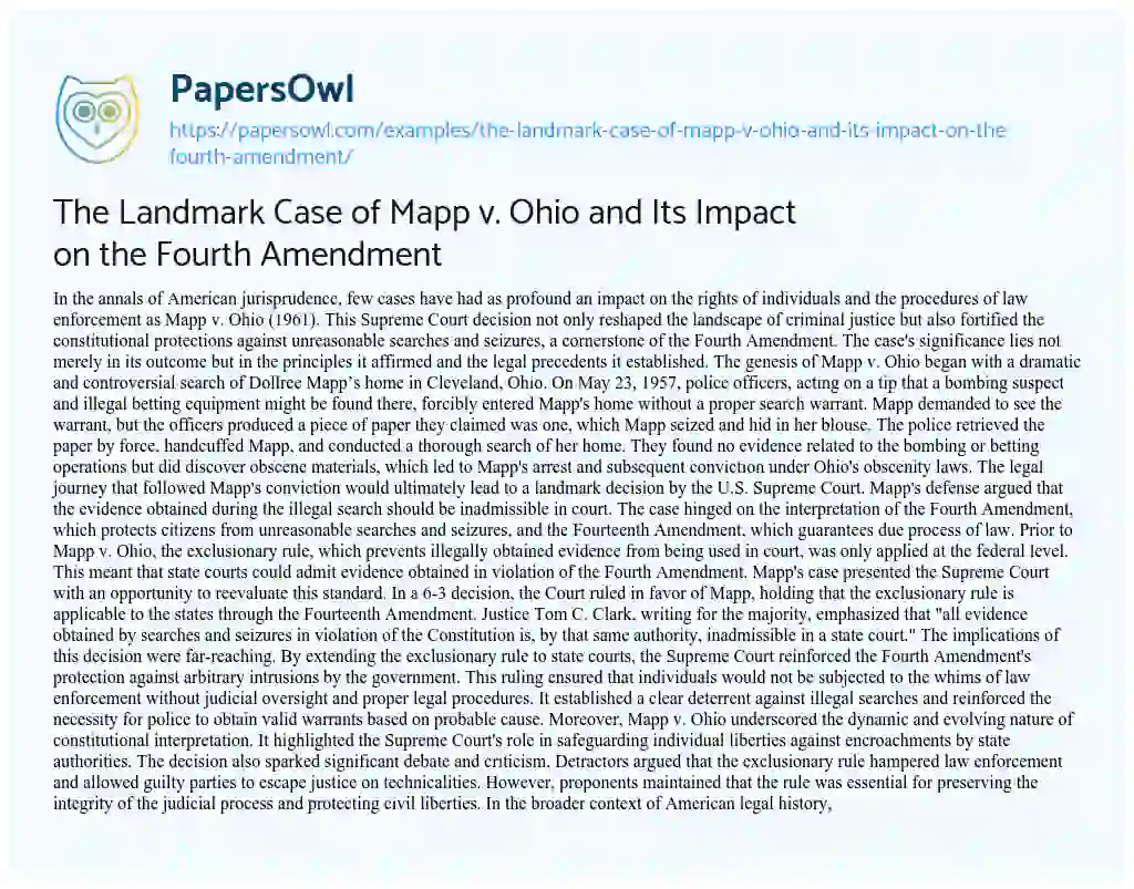 Essay on The Landmark Case of Mapp V. Ohio and its Impact on the Fourth Amendment