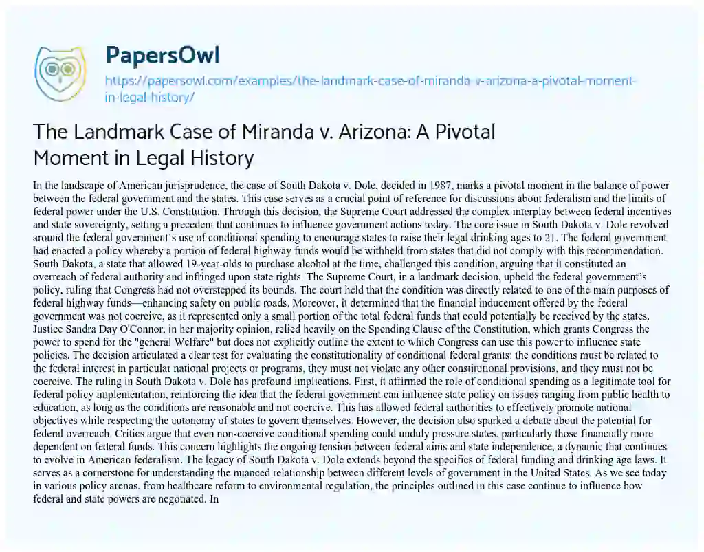 Essay on The Landmark Case of Miranda V. Arizona: a Pivotal Moment in Legal History
