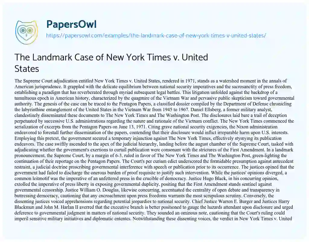 Essay on The Landmark Case of New York Times V. United States