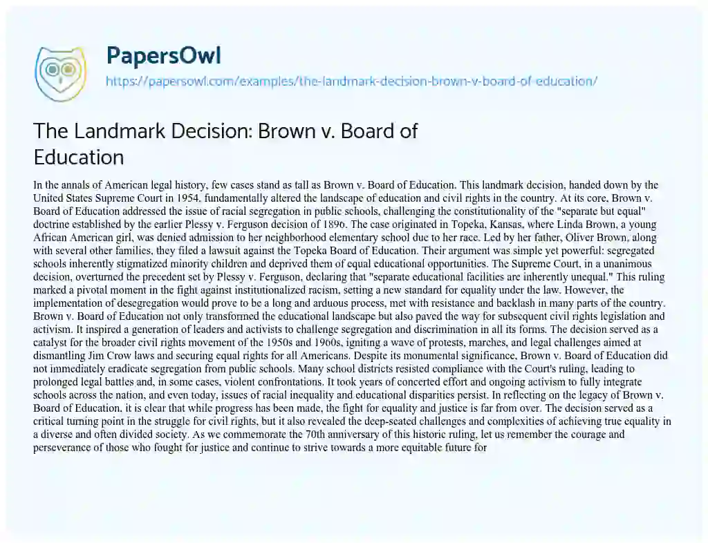 Essay on The Landmark Decision: Brown V. Board of Education