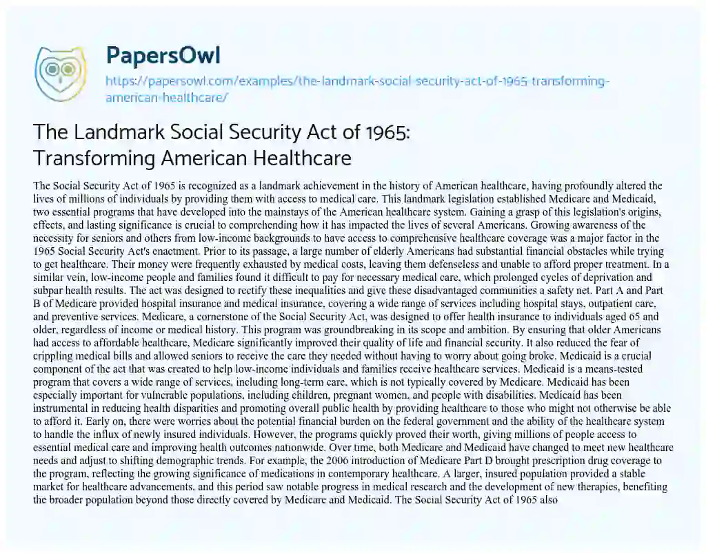 Essay on The Landmark Social Security Act of 1965: Transforming American Healthcare