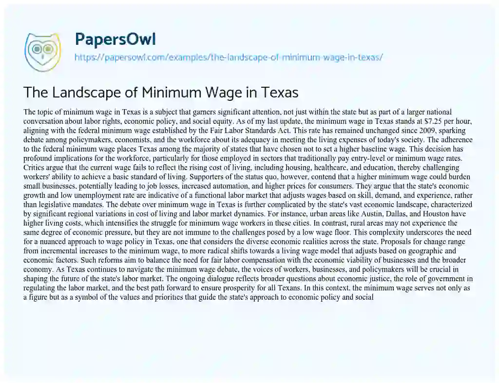 Essay on The Landscape of Minimum Wage in Texas