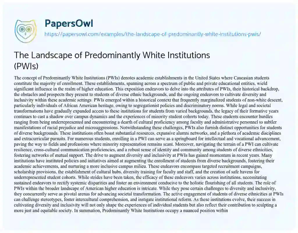 Essay on The Landscape of Predominantly White Institutions (PWIs)