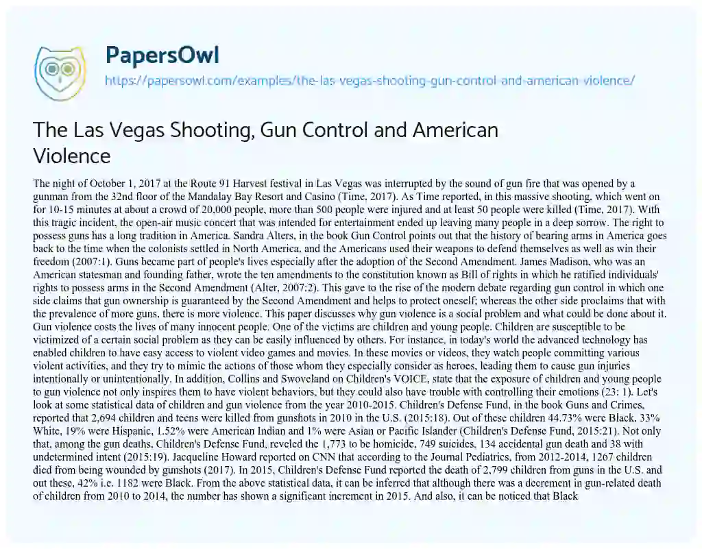 Essay on The Las Vegas Shooting, Gun Control and American Violence