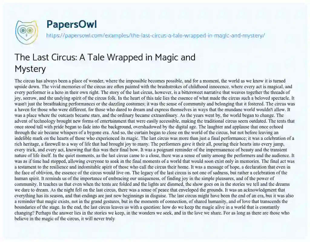 Essay on The Last Circus: a Tale Wrapped in Magic and Mystery